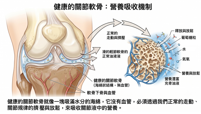 圖解說明軟骨沒有血管，須依賴正常走動時「規律的擠壓與放鬆」，才能像海綿般吸收關節液的營養。