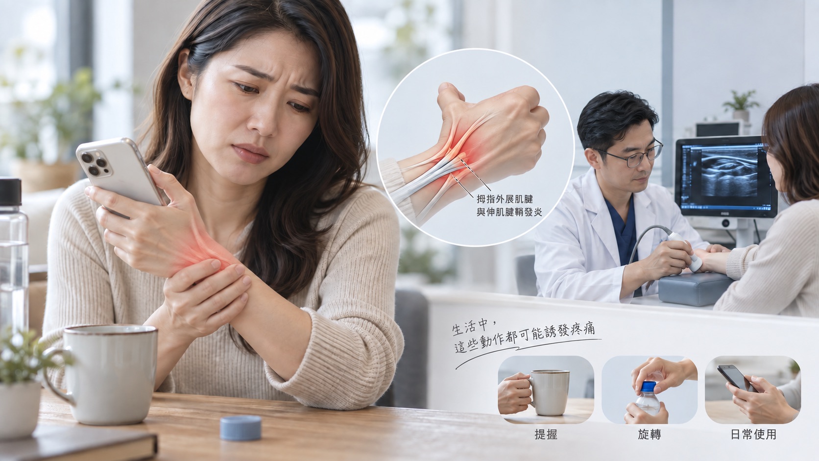媽媽手（De Quervain’s tenosynovitis，狹窄性腱鞘炎）症狀與治療評估示意圖，一名女性因長時間滑手機出現大拇指根部延伸至手腕外側疼痛，畫面標示拇指外展肌腱與伸肌腱鞘發炎位置，並呈現拿杯子、開瓶蓋、旋轉手腕及使用手機等常見誘發疼痛動作。醫師透過 LOGIQ 超音波檢查手腕肌腱與軟組織狀況，巴黎國際長春診所可依個人疼痛與肌腱受損情形，評估是否適合二次離心高濃度 PRP 搭配超音波導引治療。