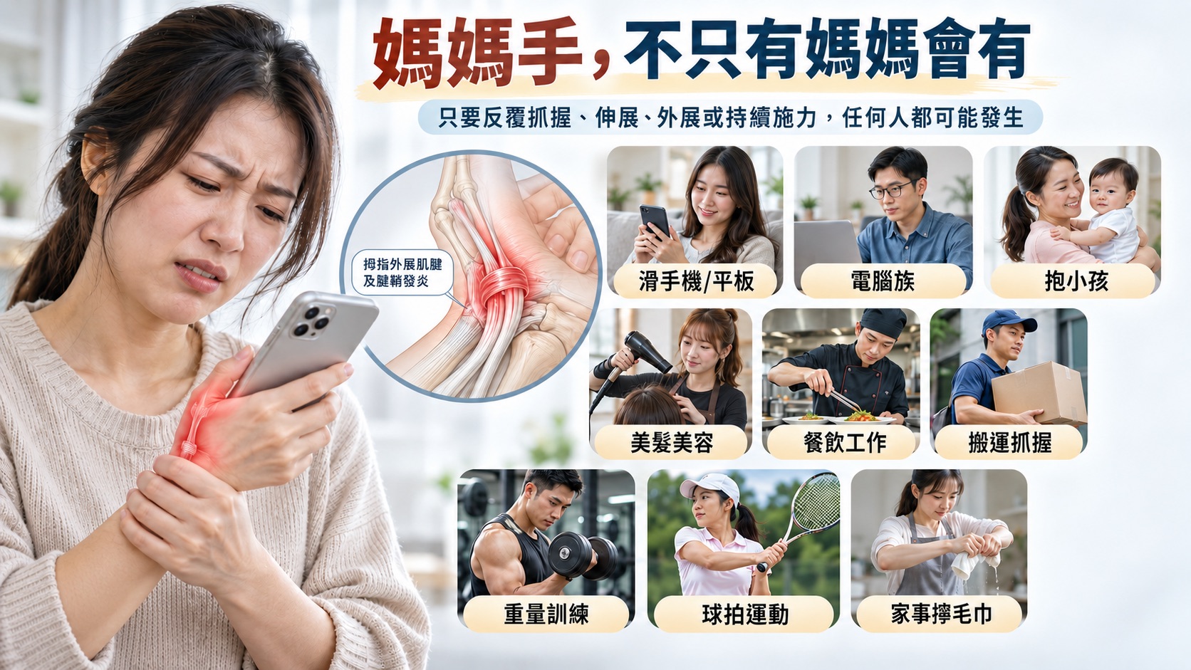 媽媽手不是只有媽媽才會有，狹窄性腱鞘炎（De Quervain’s tenosynovitis）常見於長時間滑手機、使用電腦滑鼠、抱小孩、美髮美容、餐飲工作、搬運物品、重量訓練、球拍運動及經常做家事的人。圖片呈現女性因使用手機出現大拇指根部至手腕外側疼痛，並以解剖示意圖標示拇指肌腱與腱鞘發炎位置，說明反覆抓握、伸展、外展及手腕施力可能增加媽媽手與手腕疼痛風險。巴黎國際長春診所提供手腕、肌腱、韌帶及軟組織問題專業評估，並可依個人狀況評估二次離心高濃度PRP與LOGIQ超音波導引治療。