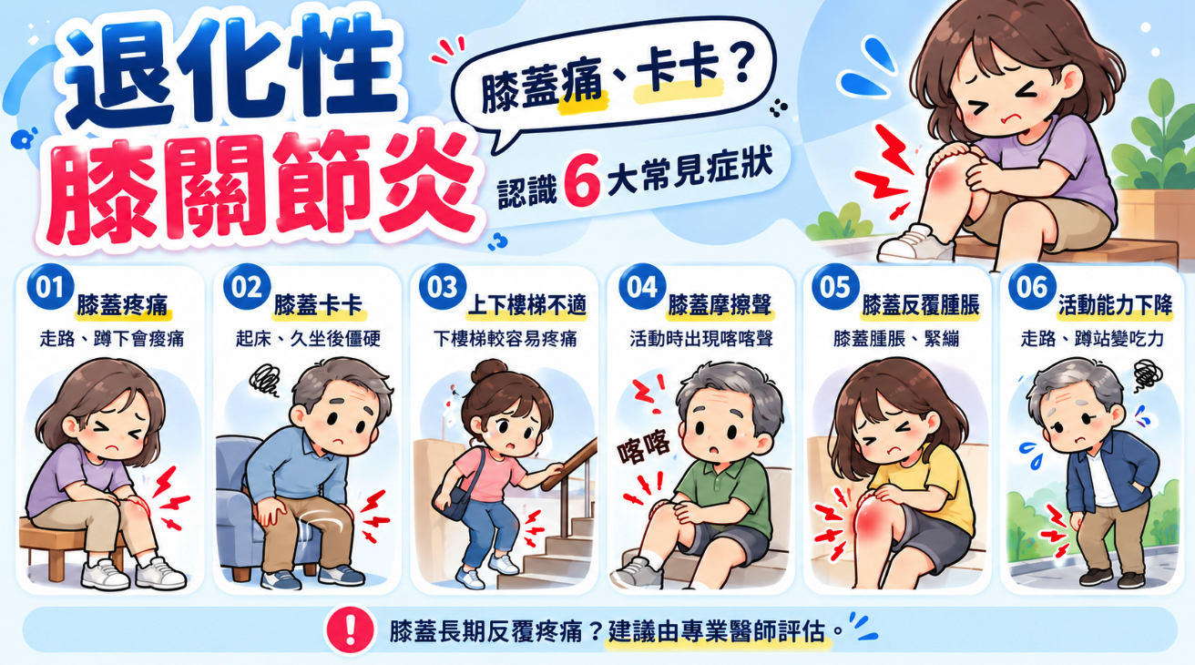 巴黎國際長春診所「退化性膝關節炎6大常見症狀」衛教資訊圖,以藍白色系搭配韓系Q版漫畫人物,介紹膝蓋退化的常見警訊。圖片上方呈現一名女性因膝蓋疼痛而露出不適表情,下方以六個圖文區塊說明:1.膝蓋疼痛,走路、蹲下容易痠痛;2.膝蓋卡卡,早上起床或久坐後感到僵硬;3.上下樓梯不舒服,尤其下樓梯時容易疼痛;4.膝蓋摩擦聲,活動時可能出現喀喀聲;5.膝蓋反覆腫脹,可能伴隨緊繃不適;6.活動能力下降,走路、蹲站逐漸變得吃力。圖片底部提醒民眾,膝蓋有聲音不一定代表關節退化,若長期反覆疼痛,建議由專業醫師進一步評估。