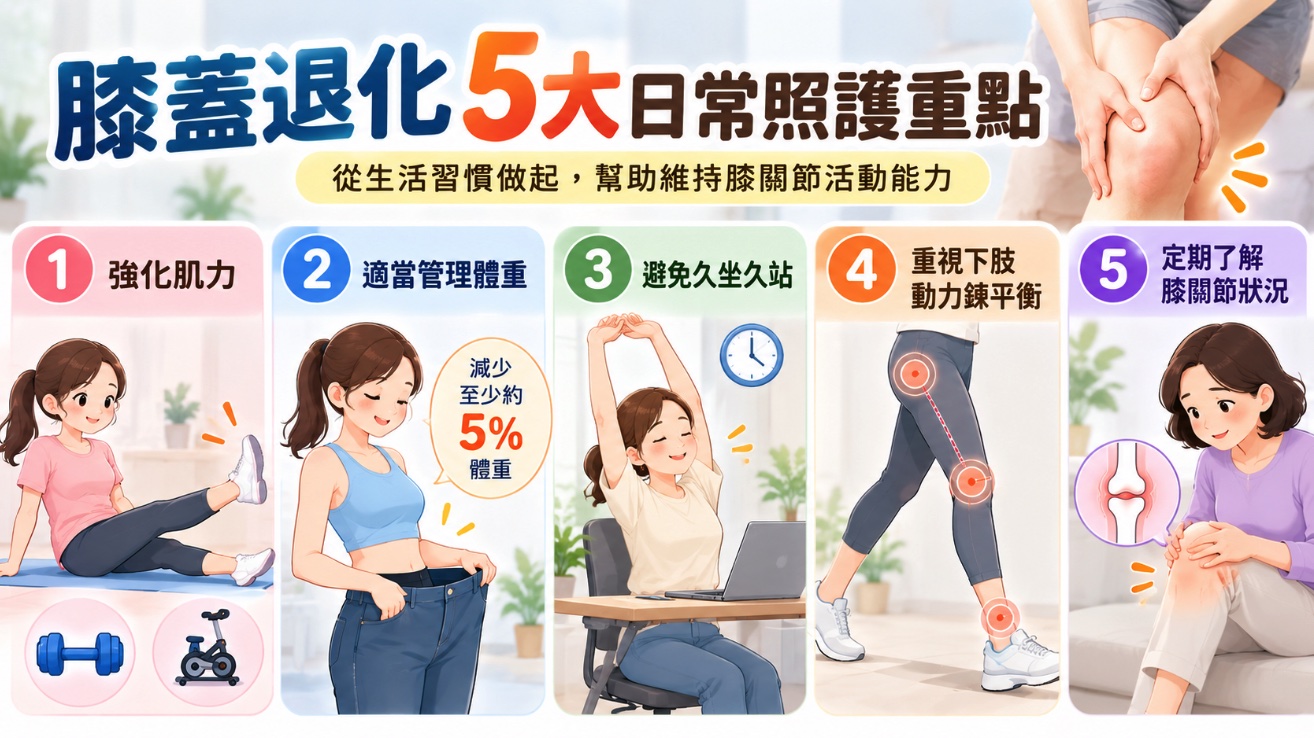 巴黎國際長春診所「膝蓋退化5大日常照護重點」衛教資訊圖,以橫式Q版人物插畫搭配粉紅、藍、綠、橘、紫色五大區塊,介紹退化性膝關節炎的日常保養方法。第一,強化股四頭肌與臀部肌力,透過直膝抬腿、室內腳踏車等運動維持下肢穩定。第二,適當管理體重,體重過重者減少約5%體重,有助於降低膝關節負擔。第三,避免久坐久站,適時伸展、起身活動與變換姿勢。第四,重視下肢動力鍊平衡,維持髖關節、膝關節及足踝的穩定性。第五,定期了解膝關節狀況,留意疼痛、腫脹、上下樓梯困難及活動能力變化。透過規律運動、健康體重管理與日常照護,幫助維持膝關節健康及行動能力。